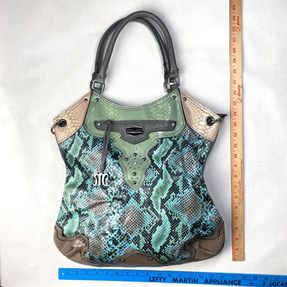 MISS ME Teal Blue Green SNAKESKIN Curve TOTE BAG! Large Tall Shoulder Gray Print